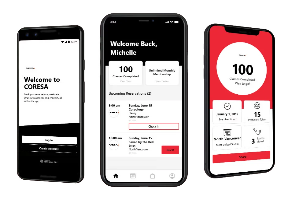 The Coresa app showing the welcome screen, upcoming class reservations and training stats