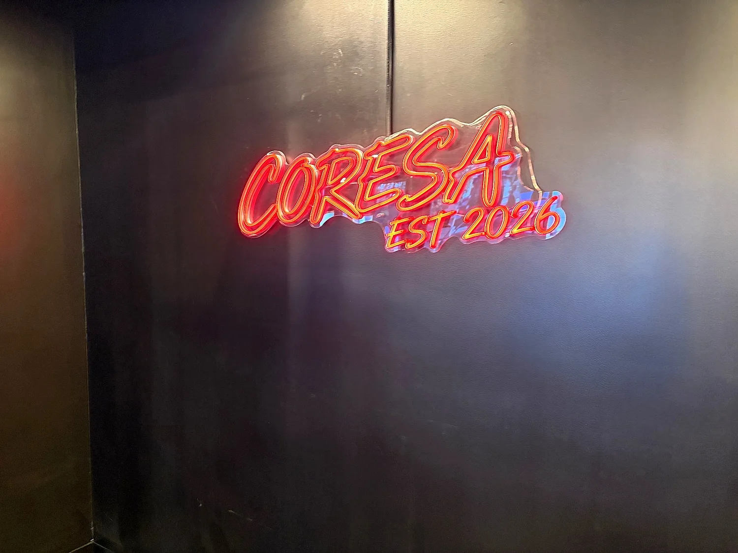 The Coresa neon sign inside the training studio in Lower Lonsdale, North Vancouver